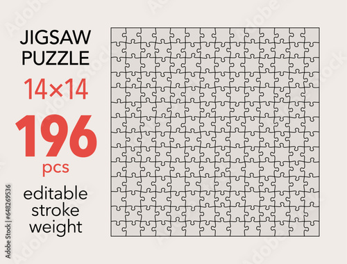 Empty jigsaw puzzle grid template, 14x14 shapes, 196 pieces. Separate matching irregularly elements. Flat vector illustration layout, every piece is a single shape.