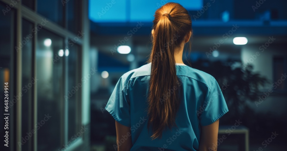 a female nurse wearing blue scrubs in the style of darkest academia a female nurse wearing blue scrubs in the style of darkest academia
