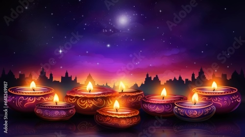 Burning diya oil lamp. Traditional symbol of Indian Happy Diwali Festival banner. Celebration festival of light colorful Background with diyas..