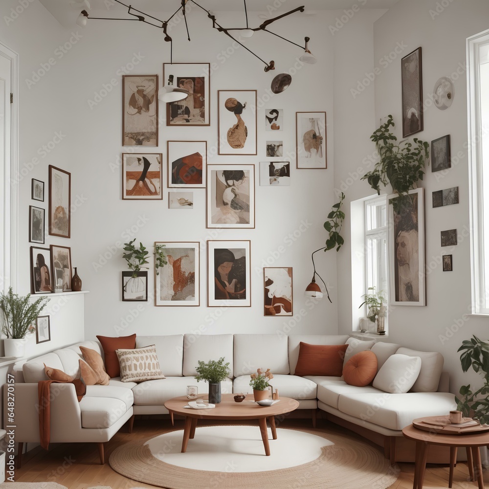 Obraz premium Scandinavian-inspired living room, with sleek modern furniture and warm wooden accents. The soft natural light filters in through large windows, illuminating the clean lines and minimalist design