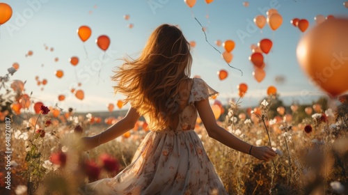 Girl with balloons in a field