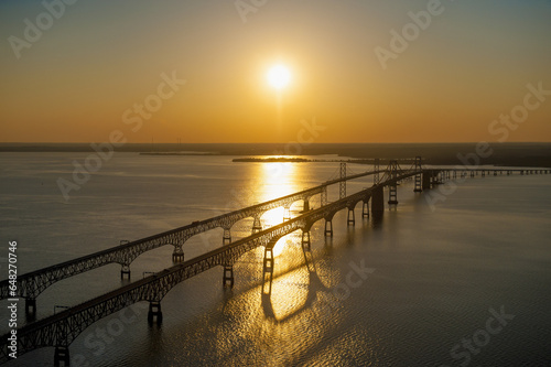 Aerial View Of Bay Bridge At Sunset Over Chesapeake Bay; Maryland, United States Of America