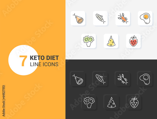 Set of linear icons with keto diet concept on black and white background. Types of ketogenic diet idea thin line illustration. Healthy lifestyle. Losing weight nutrition. Vegetables, cheese, eggs