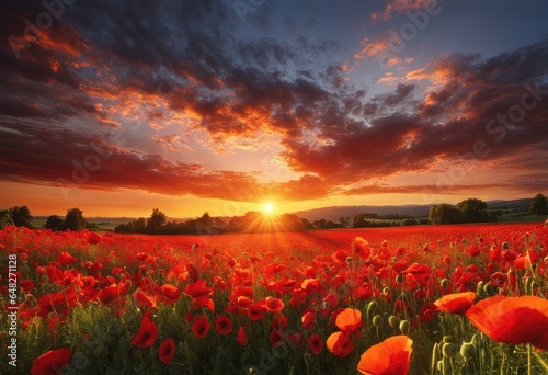 field of poppies at sunset.