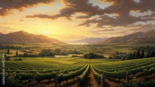 a serene depiction of a tranquil vineyard with rows of grapevines at sunrise