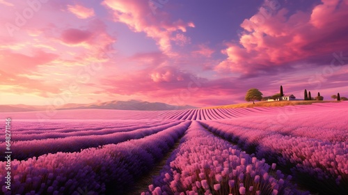 a serene depiction of a lavender field in full bloom under a soft, pink sunset