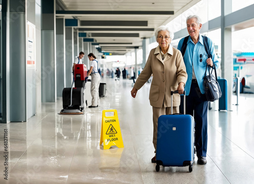 Sign warning caution wet floor, elderly couple tourists in airport terminal, happy together