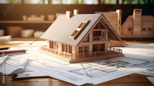 House model in wood background