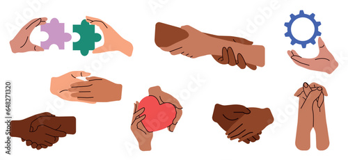 Team work. Set of hands in doodle style isolated human arms. Two hands holding together. Human fingers, palms touching, gesture. Support, love relationships, help and hope.