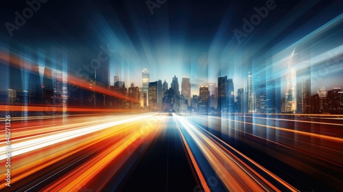 image that captures the dynamic energy of a bustling city. abstract motion blur cityscape featuring vibrant lights  streaks  and blurred architectural elements.