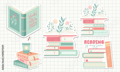 Collection of Pastel Reading Books Element, Book Lover Digital Stickers with Shadow. Pastel Book with Flower Clipart