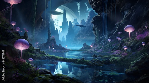 a surreal and otherworldly scene of a valley with floating islands and bioluminescent plants