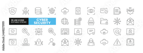 Set of 36 Cyber Security line icons set. Cyber Security outline icons with editable stroke collection. Includes Cloud Protection, Key, Biometric, Password, Lock, and More.