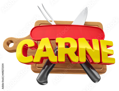 Fototapeta Naklejka Na Ścianę i Meble -  Label Meat with fork and knife in Brazilian Portuguese on transparent background in 3D rendering