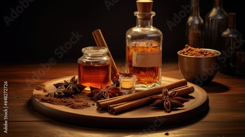 wooden background with a closed bottle of cinnamon oil, accompanied by cinnamon sticks and a sprinkling of cinnamon powder. This composition evokes the idea of a spice elixir.