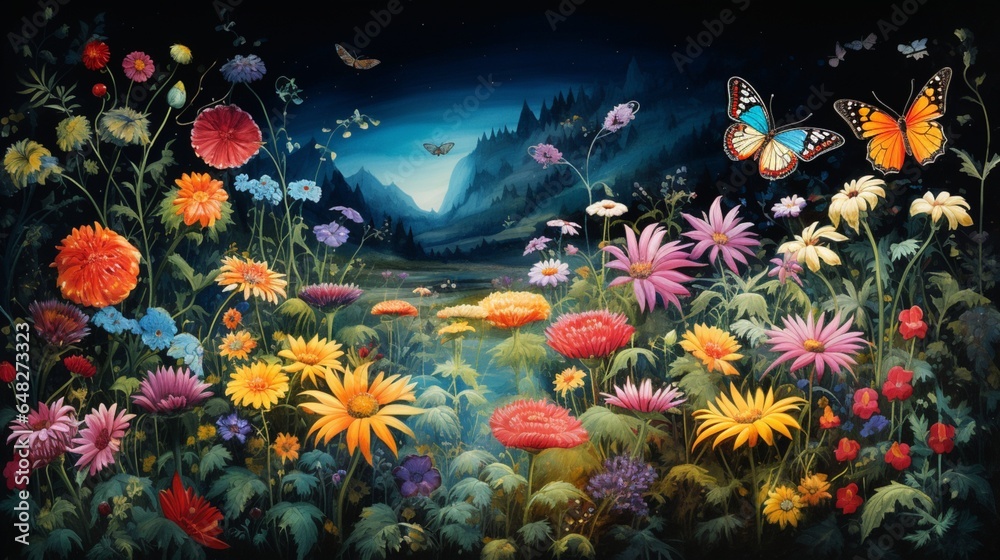 a visually striking depiction of an alpine butterfly garden with colorful fluttering insects