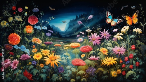 a visually striking depiction of an alpine butterfly garden with colorful fluttering insects