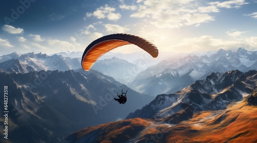 a visually striking depiction of a paraglider soaring above the rugged alpine terrain