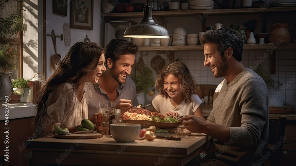 A pleasant married couple is sitting at a table in a modern kitchen and looking at a laptop screen. Young married husband shopping online or booking tickets.