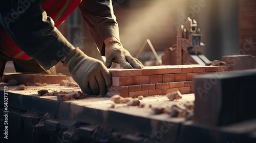 a professional builder's work. Zoom in on the hands of the builder as they meticulously adjust a brick into place, capturing the essence of craftsmanship on an industrial construction site.