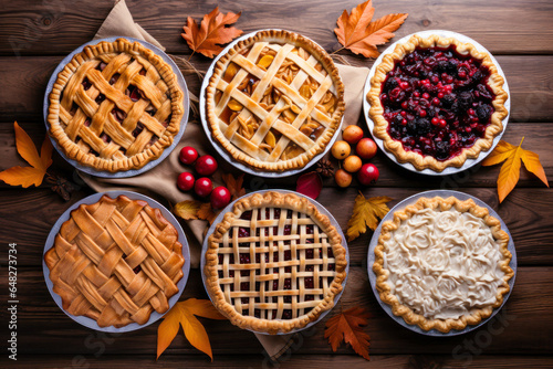 Assorted fall pies flat lay on brown wood plank table, Thanksgiving seasonal baking photo