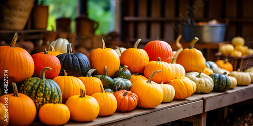 Fall pumpkins and gourds outdoor on table, wide banner, background, Thanksgiving