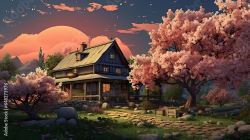 A beautiful cherry blossom tree stands in front of the house, and there is an orange moon hanging high above it.