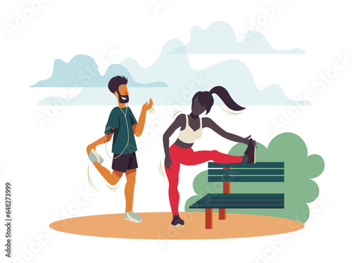 Stretching time. Two persons are stretching before or after a running. Vector illustration separated on a white background.