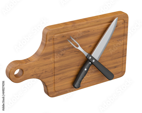 Fototapeta Naklejka Na Ścianę i Meble -  Wooden meat cutting board with realistic barbecue knife and fork on transparent background in 3D rendering