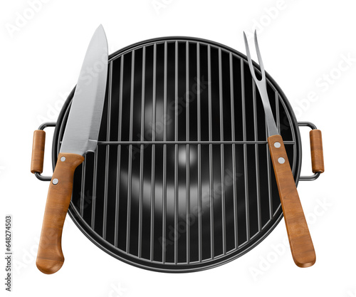 Fototapeta Naklejka Na Ścianę i Meble -  Barbecue grill with fork and knife on transparent background in 3D rendering