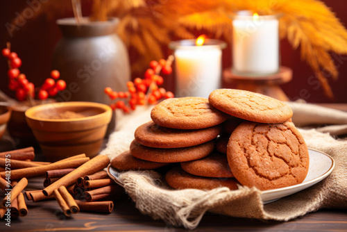 Gingersnap cookies, fall season baking, Thanksgiving cooking photo