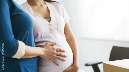 Generative AI  happy pregnant woman at a doctor s appointment  healthy pregnancy  expectant mother  big belly  expecting childbirth  bearing children  maternity hospital