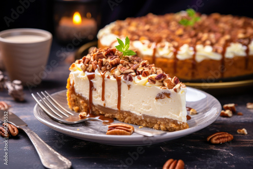Slice of pecan pie cheesecake dessert, fall season baking, Thanksgiving photo