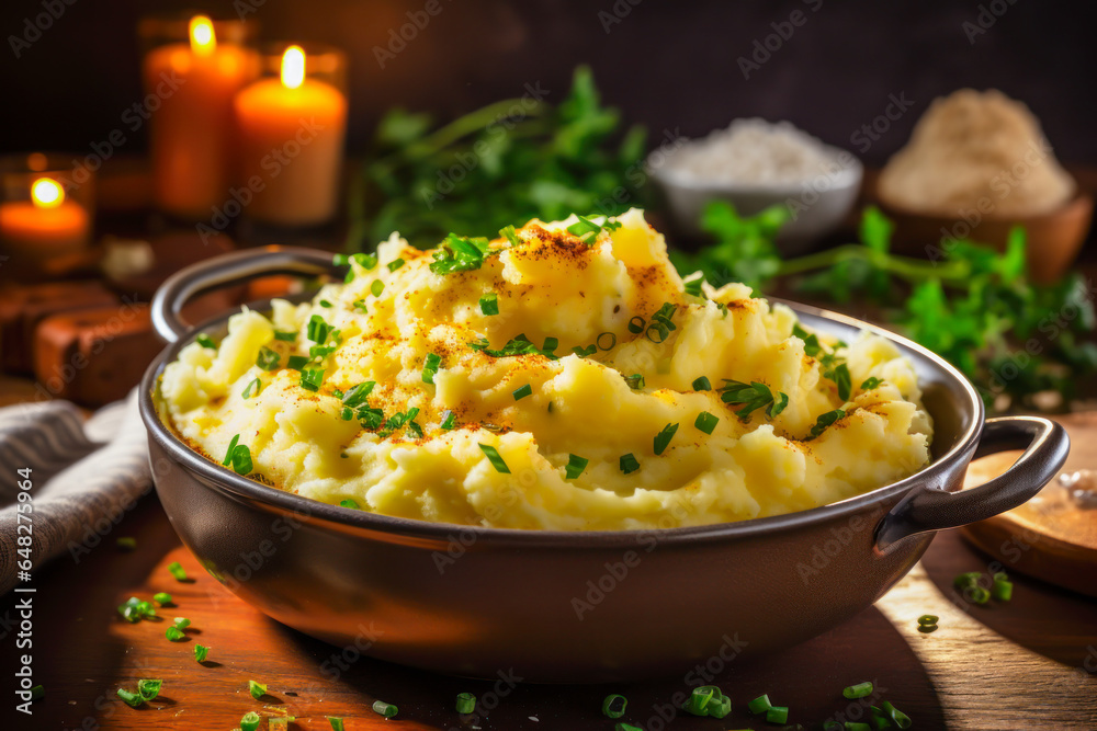 Mashed potatoes with chives, fall season cooking, Thanksgiving side dish - obrazy, fototapety, plakaty 