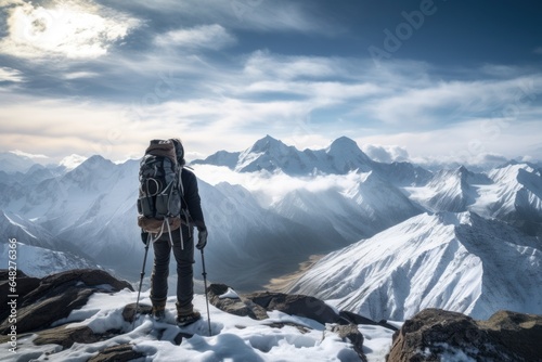 A man stands proudly on top of a snow-covered mountain. This picture captures the breathtaking beauty and majesty of nature. It can be used to depict adventure, conquering challenges, and the feeling  © Fotograf