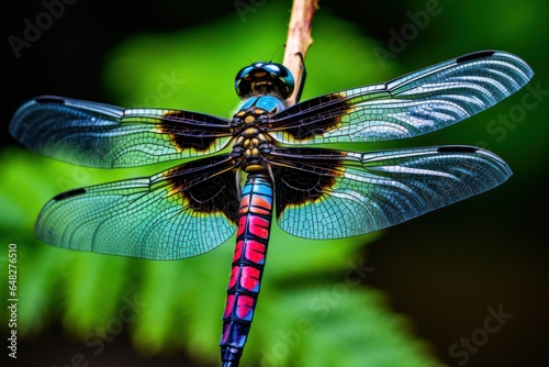 A vibrant dragonfly perched on top of a plant. This image can be used to add a touch of nature and beauty to any project. © Fotograf