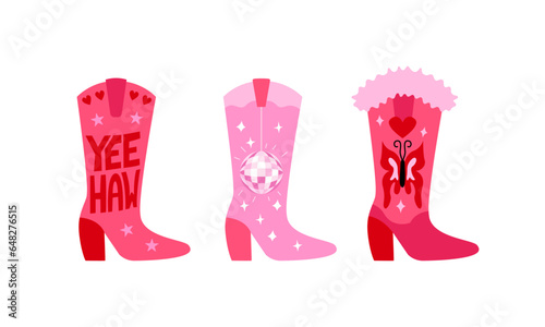 Set of funky cowgirl boots with yeehaw phrase, disco ball and butterfly. Vector flat illustration of cowboy boots on isolated background. Disco party concept photo