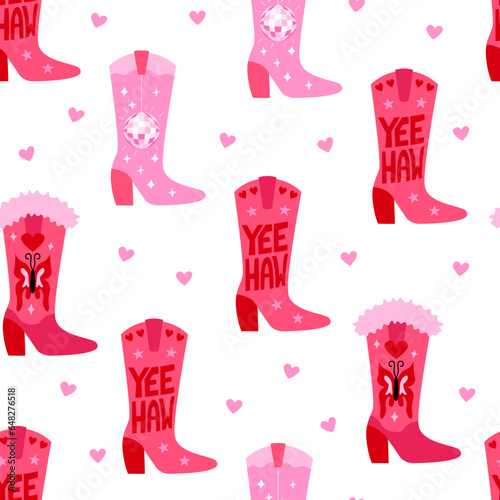 Seamless pattern with pink cowboy boots and hearts. Wild west, western hand drawn vector trendy background. Disco cowgirl concept photo