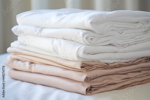 A stack of folded sheets sitting on top of a bed. This versatile image can be used to showcase bedroom decor, highlight the comfort of fresh linens, or illustrate the concept of organization and clean