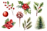 A colorful collection of watercolor Christmas decorations