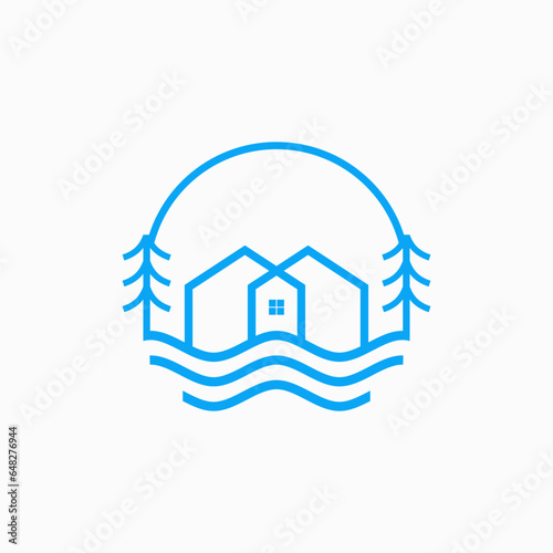 House, river and pine tree line art logo vector illustration
