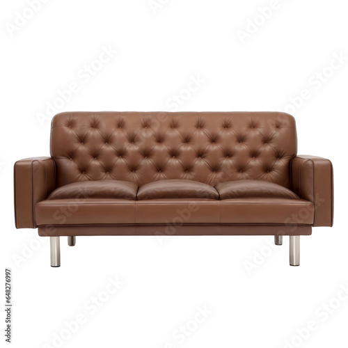 Stylish three seater tufted leather sofa isolated on white background