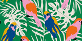 Exotic abstract tropical pattern with parrots. Colorful botanical abstract contemporary seamless pattern. Hand drawn unique print.
