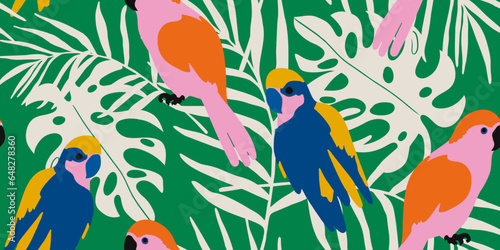 Exotic abstract tropical pattern with parrots. Colorful botanical abstract contemporary seamless pattern. Hand drawn unique print. 