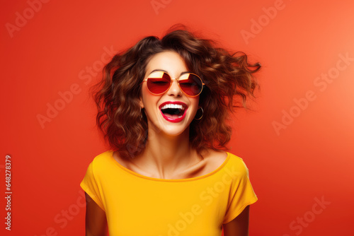 Young woman laughing happily while wearing sunglasses
