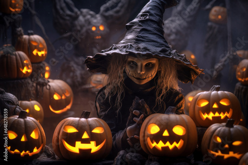 Hexe mit Kürbissen an Halloween