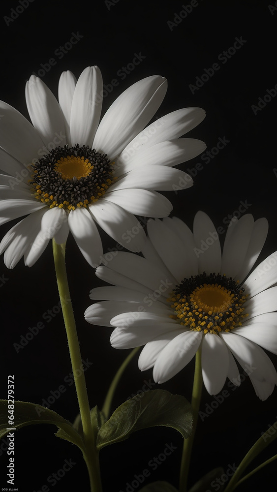 Obraz premium The daisies are set against a backdrop of deep, velvety black, making their pristine white petals pop with contrast - AI Generative