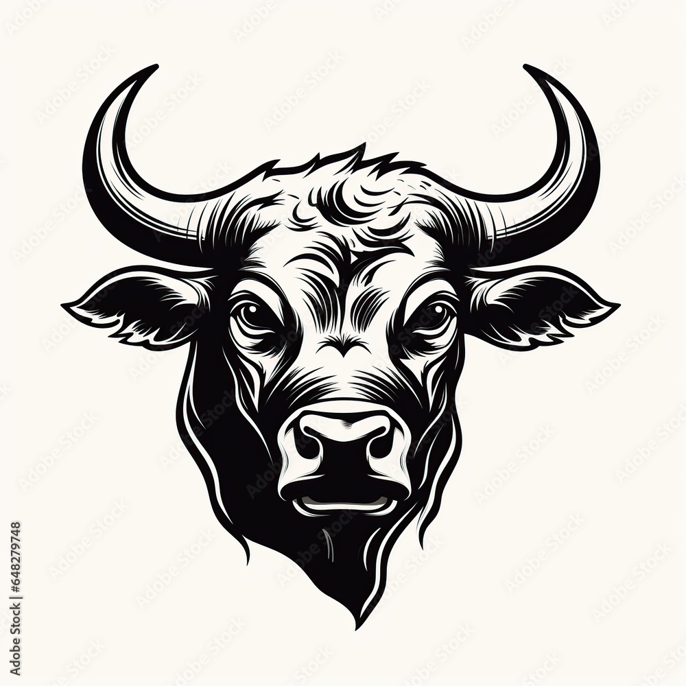  bull head, vintage monochrome, logo, hunting, cartoon, Comic style, white background,Generative AI	