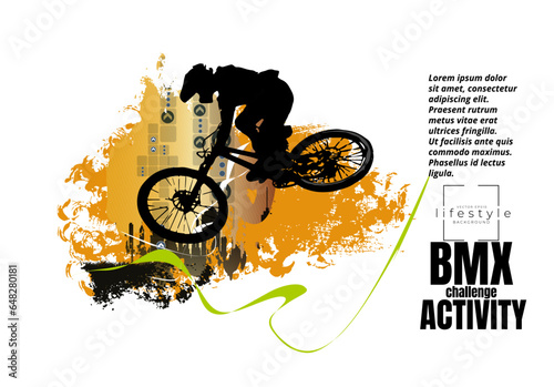 Active young man doing tricks on a bicycle, extreme sport concept. Sport background ready for poster or banner, vector.