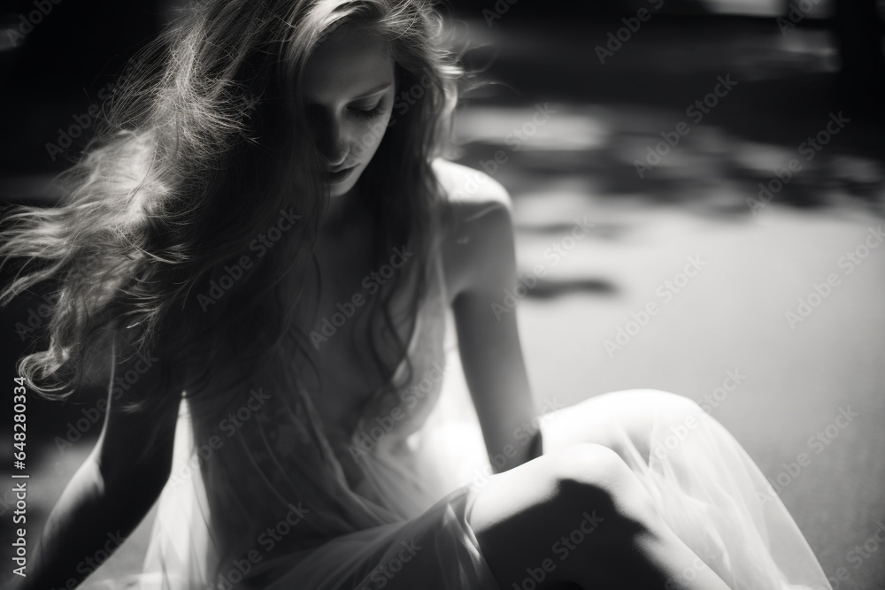 Naklejka premium Beauty, fashion, states of mind concept. Close-up surreal black and white girl portrait. Double exposure ghost style. Melancholic surreal mood. Outdoors city background. Generative AI